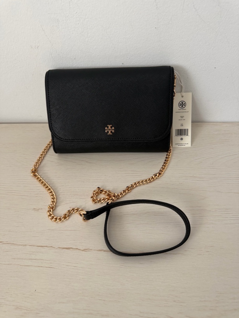 Tory Burch Black Leather Crossbody with Gold Chain Strap
